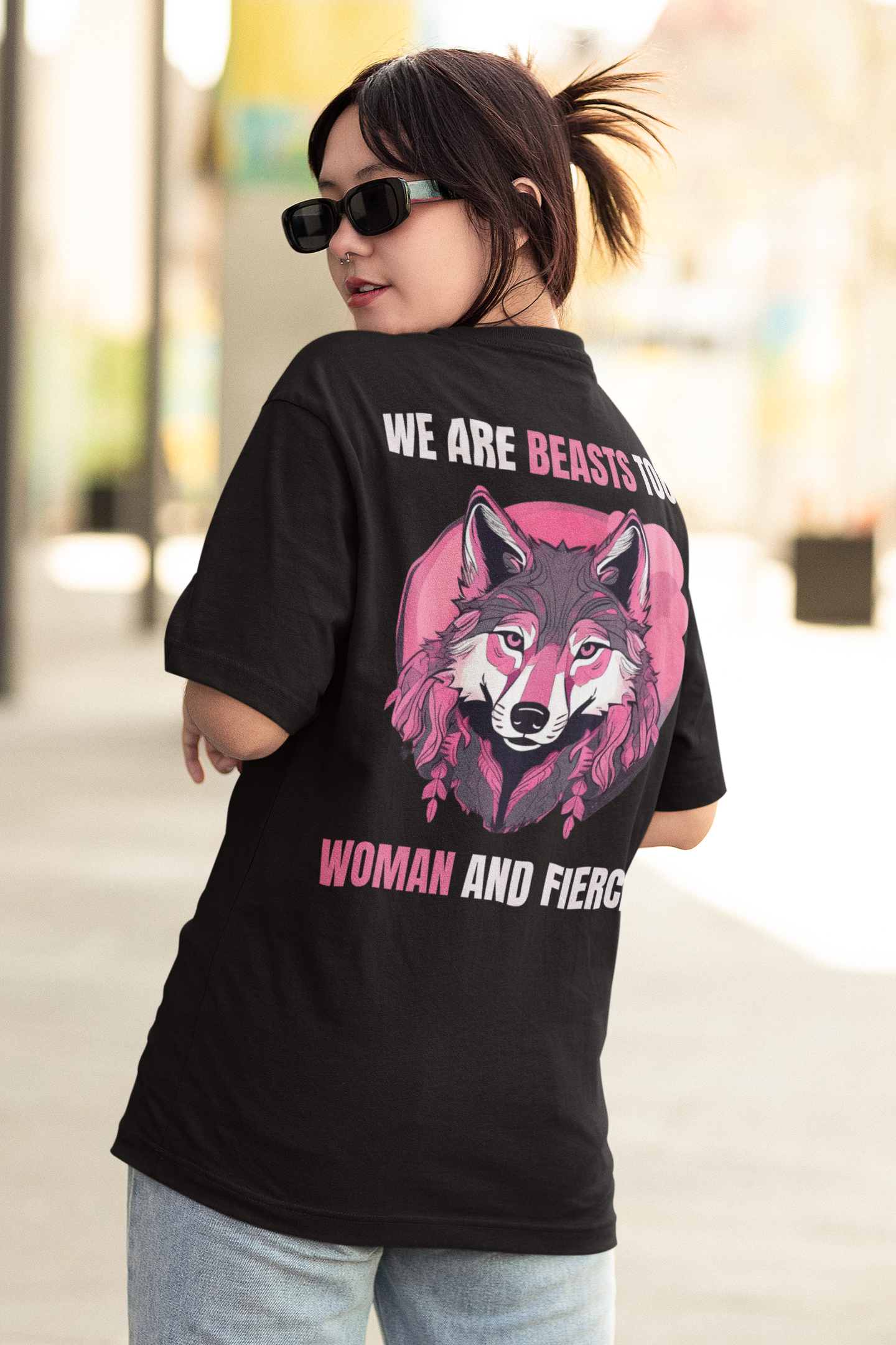 WOMAN AND FIERCE WOLF OVERSIZED